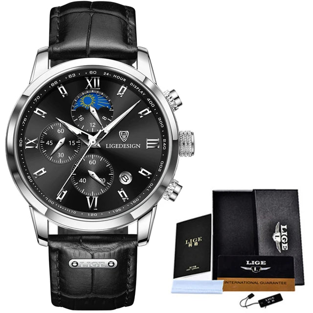 LIGE Men Watch Luxury Leather Waterproof Sport Quartz Wristwatch Chronograph Military Watch for Men Relogio Masculino Men‘s Gift
