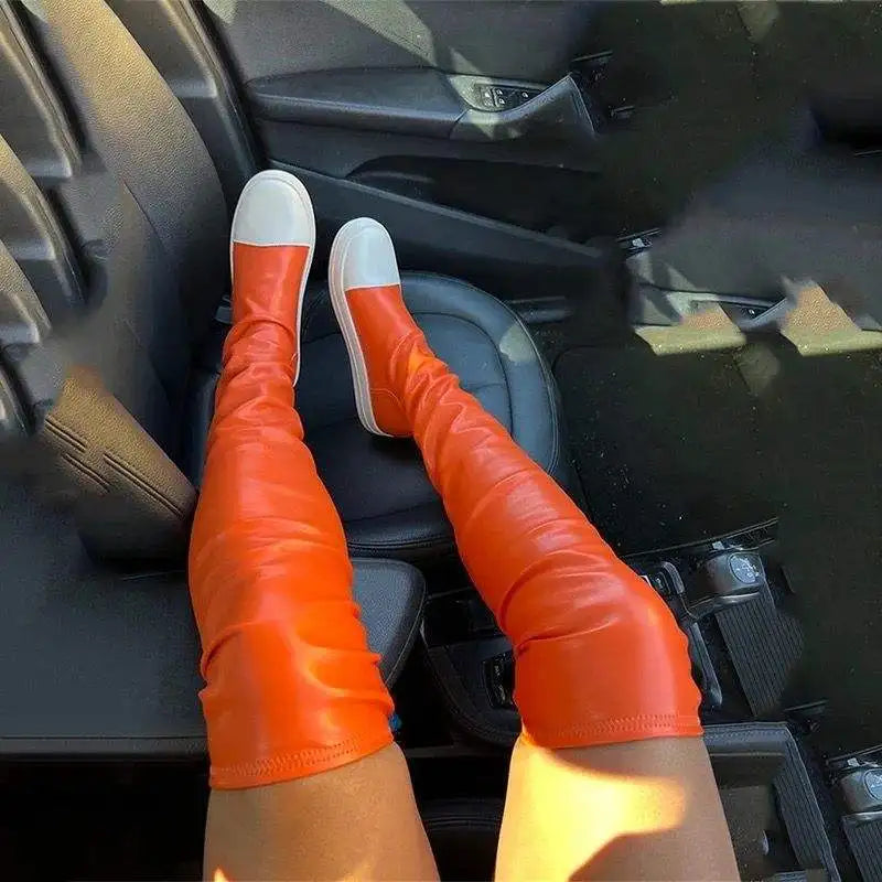 Green/Orange 2025 Botas Largas Leather Over Knee High Flat Boots for Women