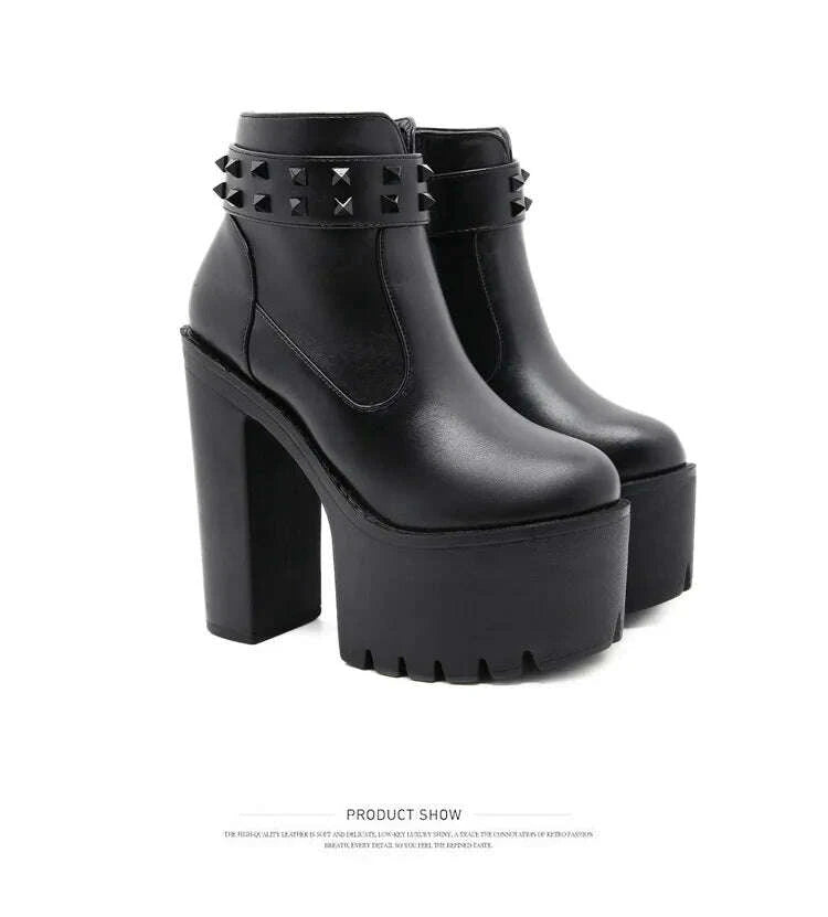 KIMLUD, Gothic Black Ankle Boots For Women Plus High Heel Female Shoes Lace-Up Nigh Club Black Sexy Rivets Short Bootsrd5, KIMLUD Womens Clothes