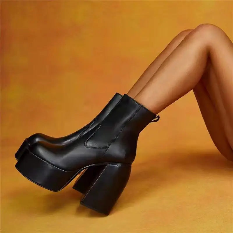 Platform Heel Boots – Knee High Boots – Black | KIMLUD