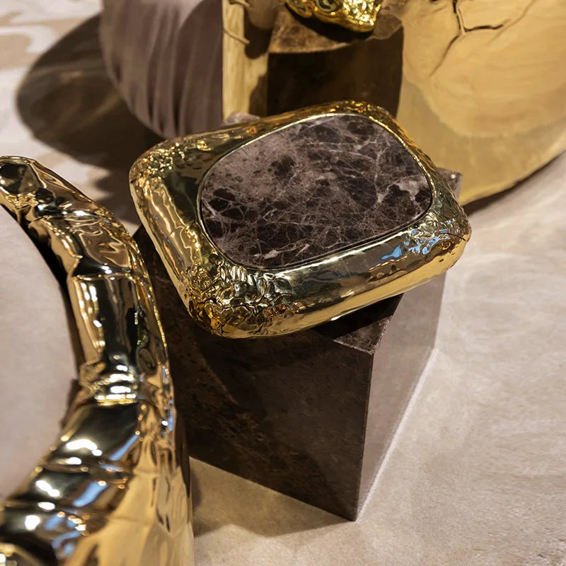 Copper Base Marble Side Table Hand-Hammered Copper — Charcoal Black | KIMLUD