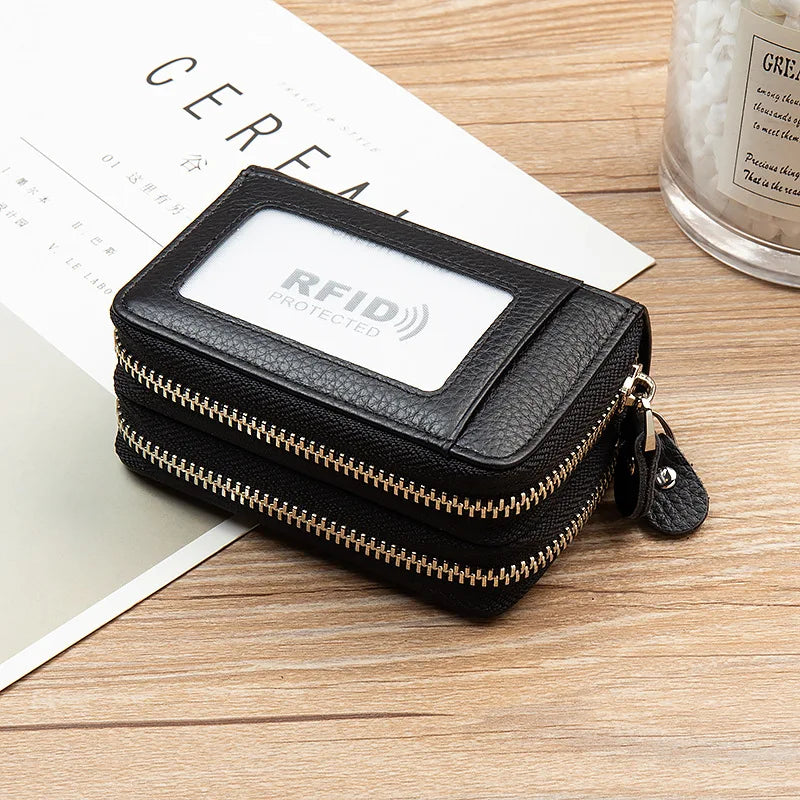 Genuine Leather Wallets RFID Blocking Double Zipper — Black | KIMLUD