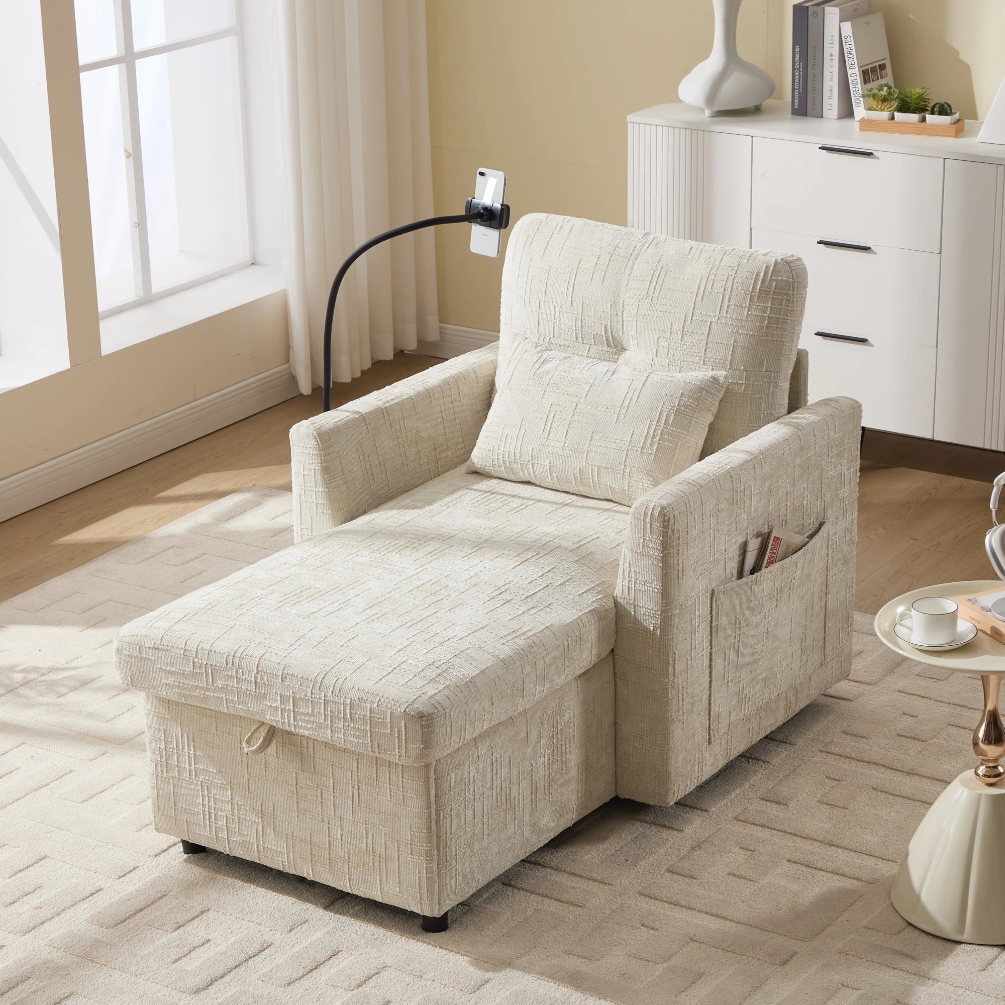 Modern Oversized Chaise Lounge Recliner Sofa with Phone Holder Chenille Fabric Single Sofa for Living Room Furniture