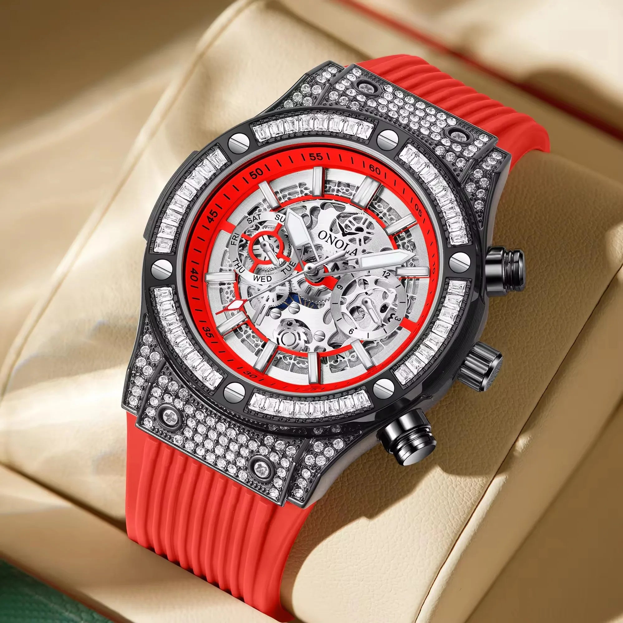 Diamond Dial Silicone Strap Automatic Watch — Black | KIMLUD