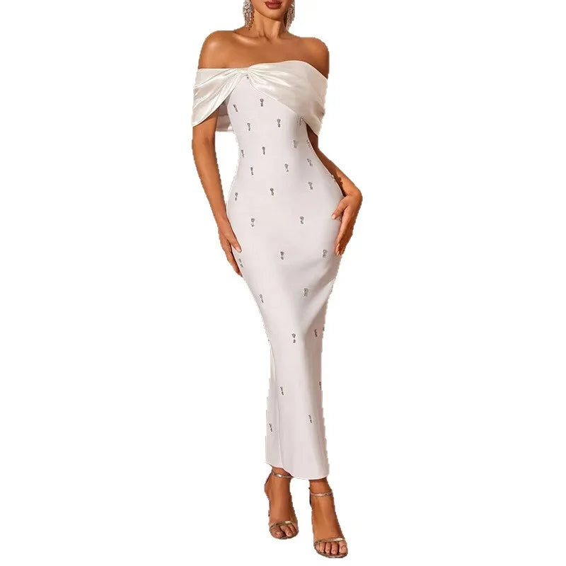 French Strapless Diamond Tube Top Floor-Length Bodycon Dress — White | KIMLUD