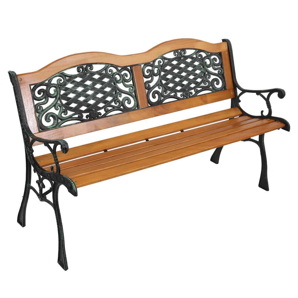 Modern 49" Outdoor Patio Park Garden Bench Furniture with Hardwood Slats and Cast Iron Frame