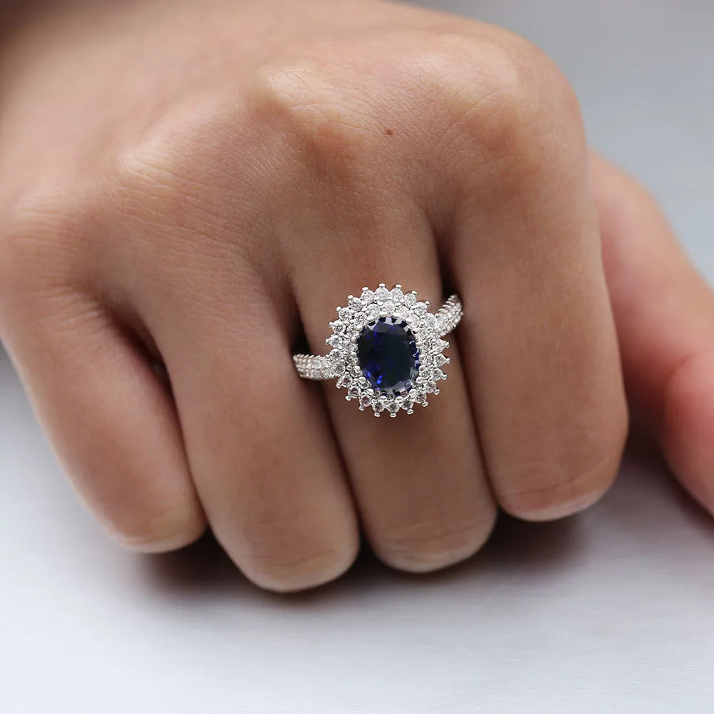 CAOSHI Luxury Blue Crystal Stone Rings with Tiny Flower Cubic Zirconia Pretty Women's Jewelry Elegant Engagement Accessories