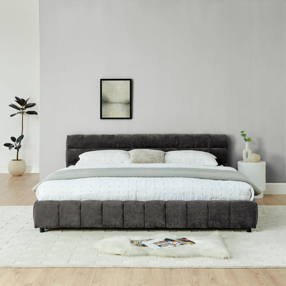 Chenille Upholstered Bed Frame King Size — Deep Charcoal Gray | KIMLUD