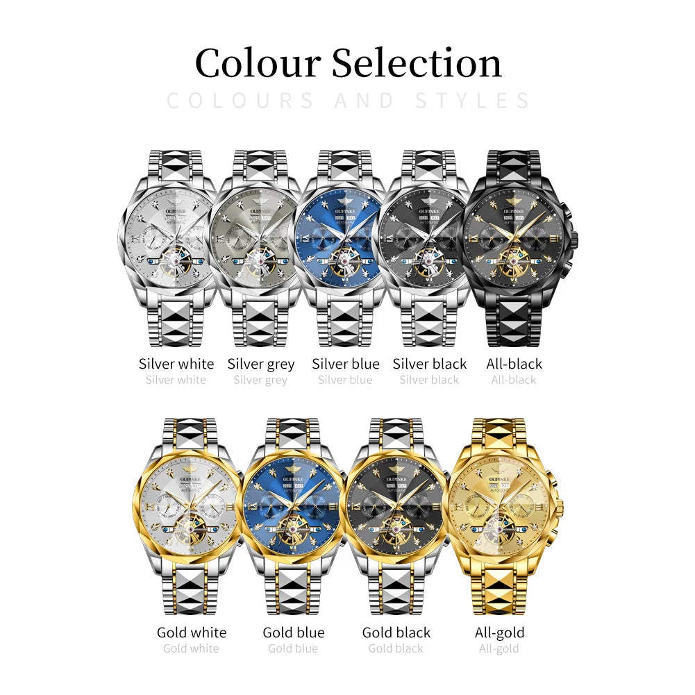 Oupinke 3316 Oem logo Hollow Design Business Tourbillon Waterproof Stainless Steel Luminous Automatic Mechanical Watch for Man