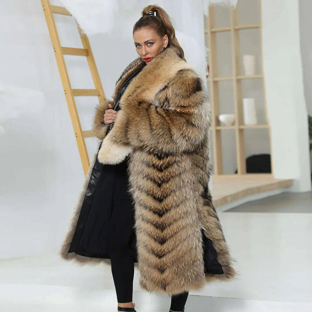 KIMLUD, Super Luxury Full Fur Long Style Lady Women Genuine Raccoon Fur Coat Women, KIMLUD Womens Clothes