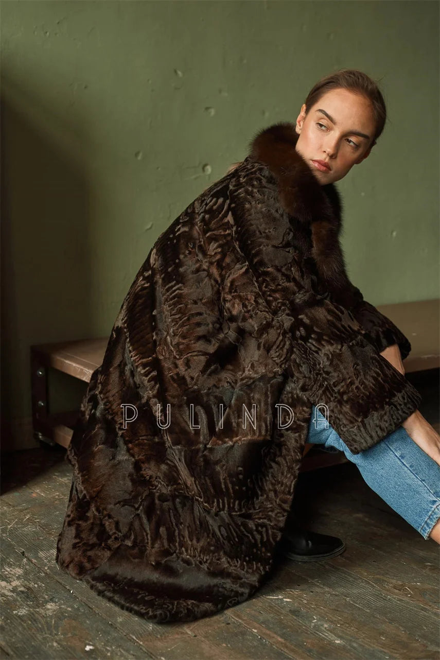 Brown Astrakhan Clothing Swakara Pels Karakul Fur Coat with Sable Collar Brown Sheep Skin Coat Leather Jackets for Ladies Winter