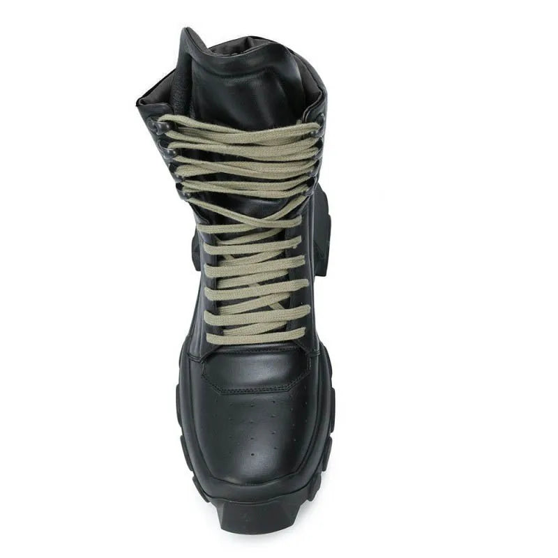 Punk Winter Men Lace Up Tactical Platform Ankle Boots Med Heels Platform Work Safety Shoes Army Genuine Leather Boots Homme