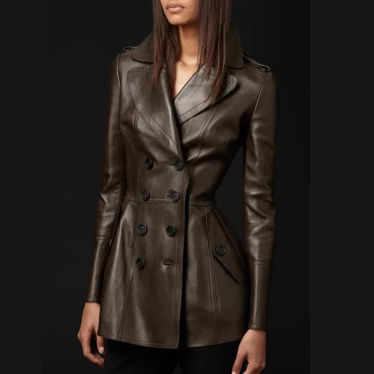 Coats & Jackets – Double Breasted – Faux Leather – Brown | KIMLUD