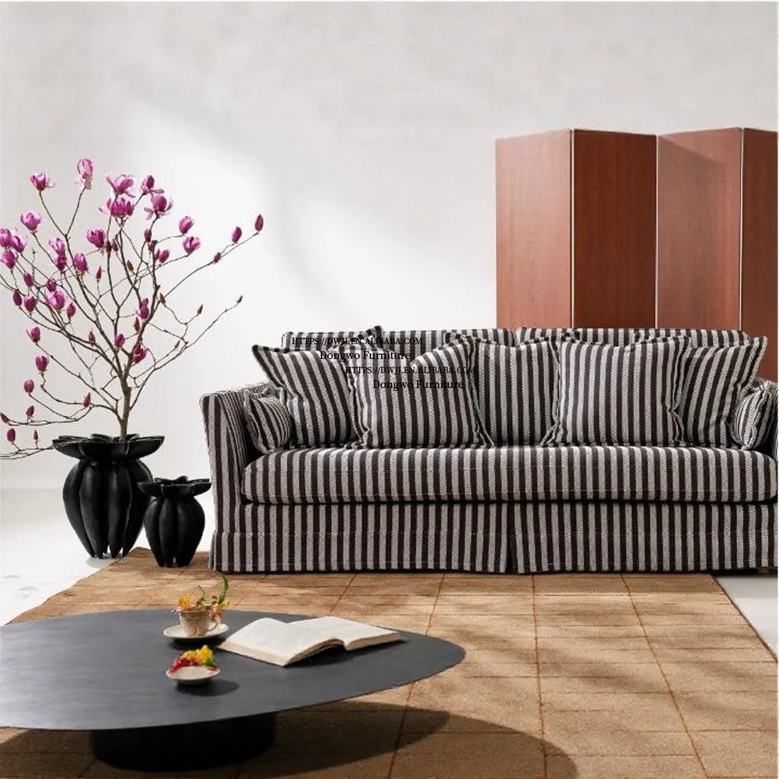 North European and American Style Rural Linen Striped Fabric Three Seater Sofa, Fully Disassembled and Washed Furniture