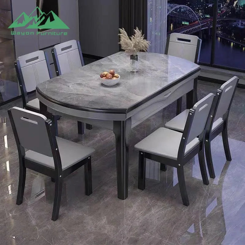 Solid Wood Dining Table Set Marble Top — Gray | KIMLUD