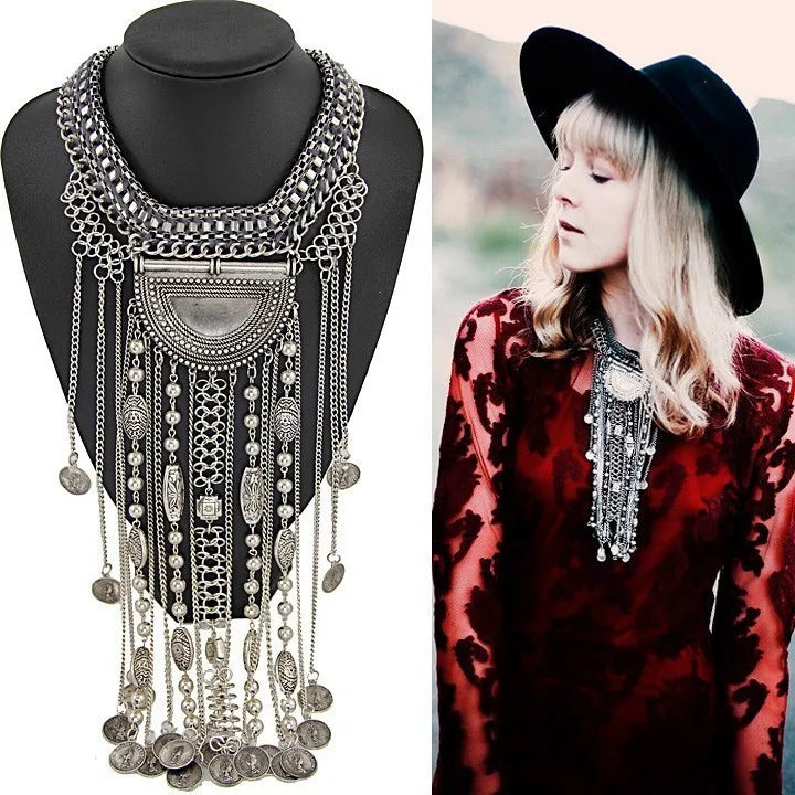 Fashion Maxi Long Tassel Statement Necklace Women Boho Indian Ethnic Vintage Coin Big Chunky Collar Necklaces Ladies Jewellery