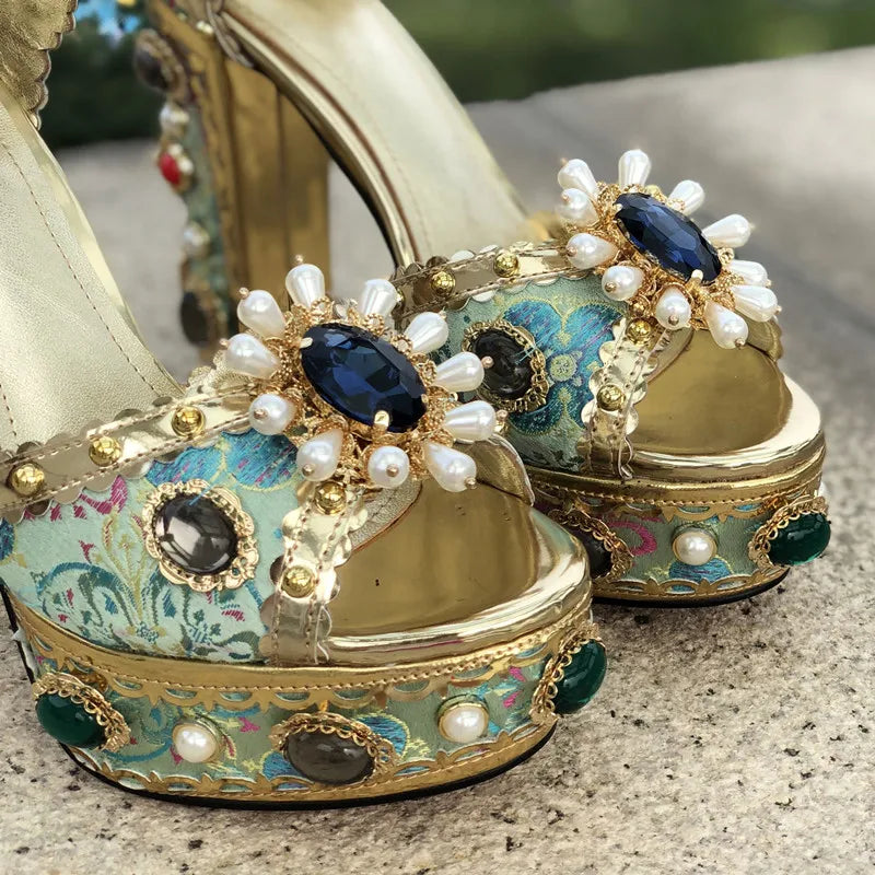 Gladiator Crystal-Embroidered Platform Sandals — Gold | KIMLUD
