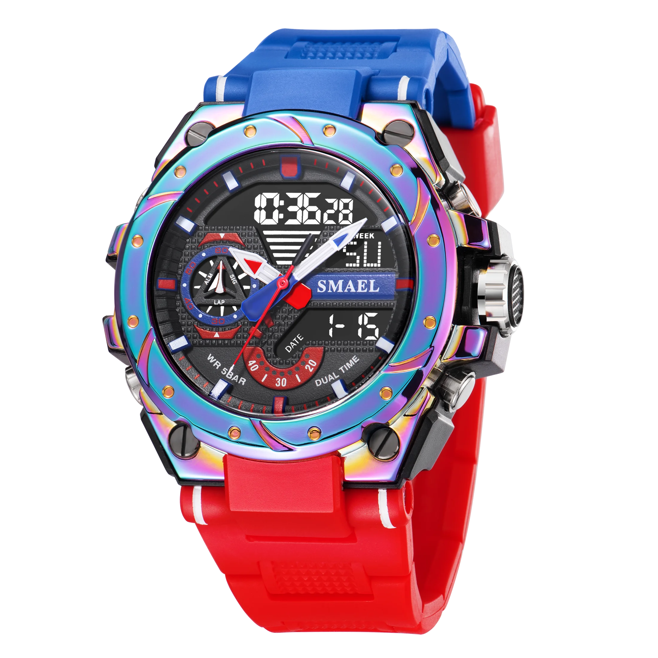 KIMLUD, Quartz Watch For Men SMAEL Wristwatches Watcholorful Red Bracelet 50M Waterproof Alarm Clock Analog Digitals 8060 Sport Watches, REDBLUE / China, KIMLUD Womens Clothes
