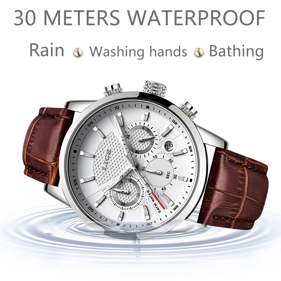 2025 New Mens Watches LIGE Top Brand Leather Chronograph Waterproof Sport Automatic Date Quartz Watch For Men Relogio Masculino