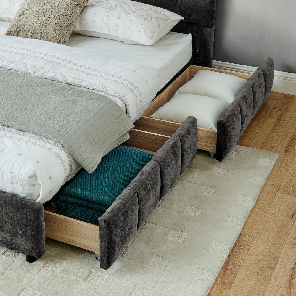 Chenille Upholstered Bed Frame King Size — Deep Charcoal Gray | KIMLUD
