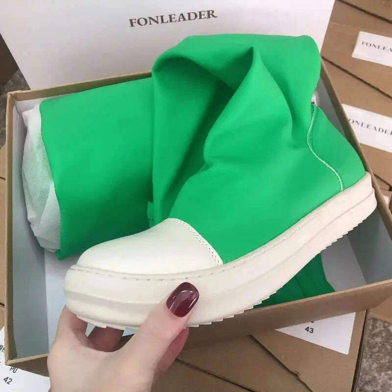 KIMLUD, Green/Orange 2025 Botas Largas Leather Over Knee High Flat Boots for Women, KIMLUD Womens Clothes