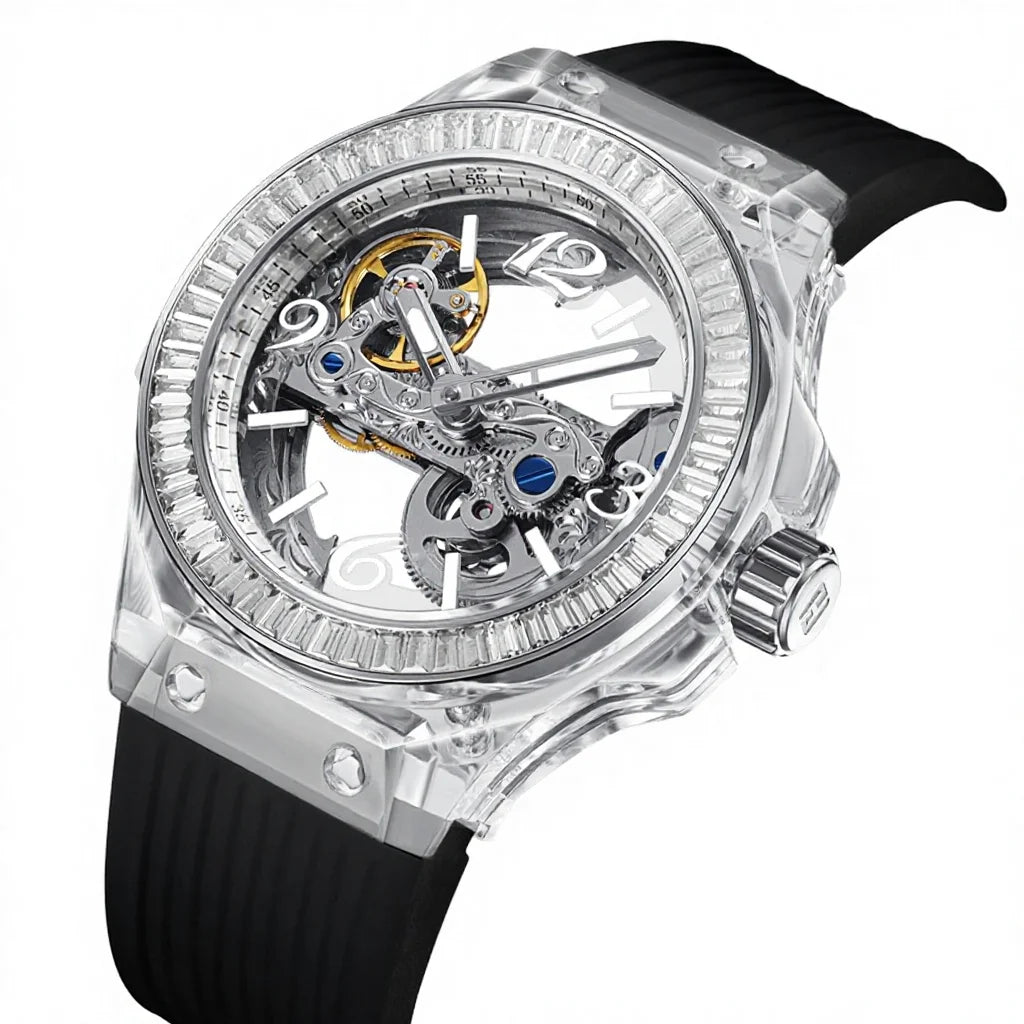 Stainless Steel Skeleton Mechanical Watch — Black | KIMLUD