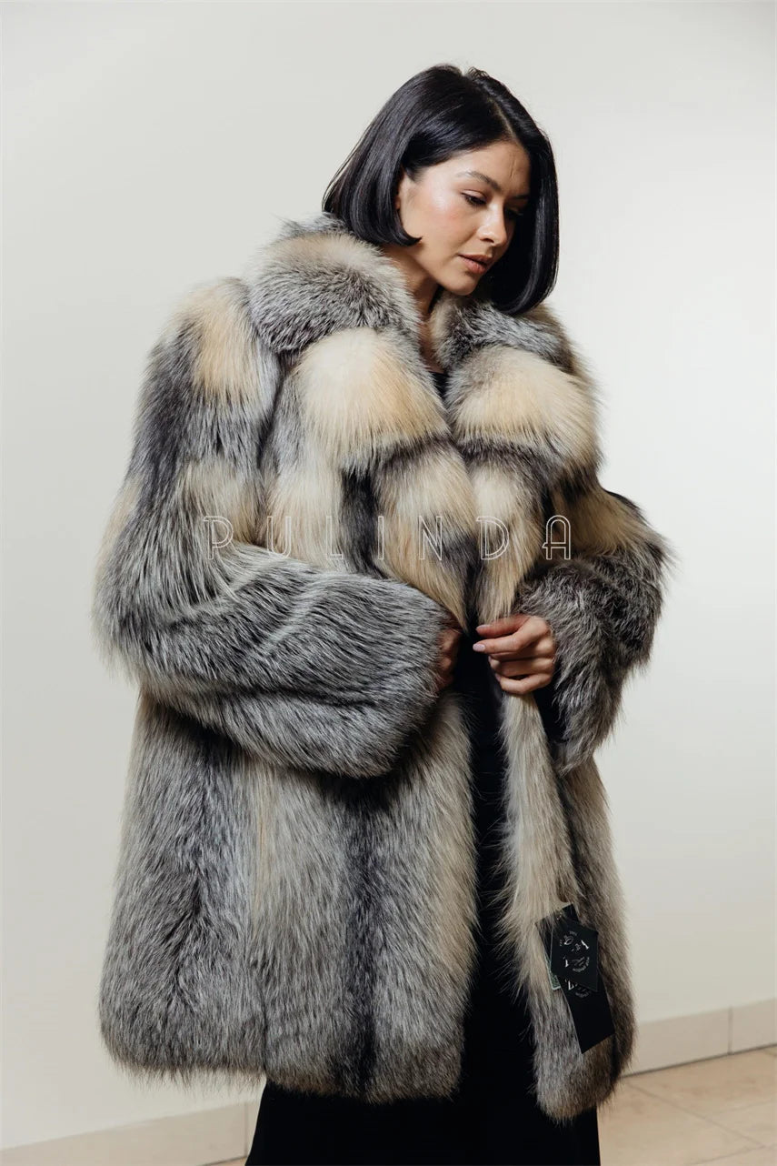 Short Coat Grey fox Fur with English Collar Thick Luxury Women's Grey fox Fur Jacket Winter Outdoor Wholesale Gift Mink Coat