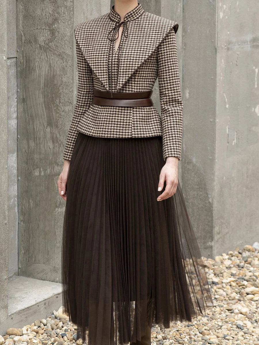 tailor shop Retro Slim and thin dark brown houndstooth winter female light luxury top and skirt Semi-Formal Dresses