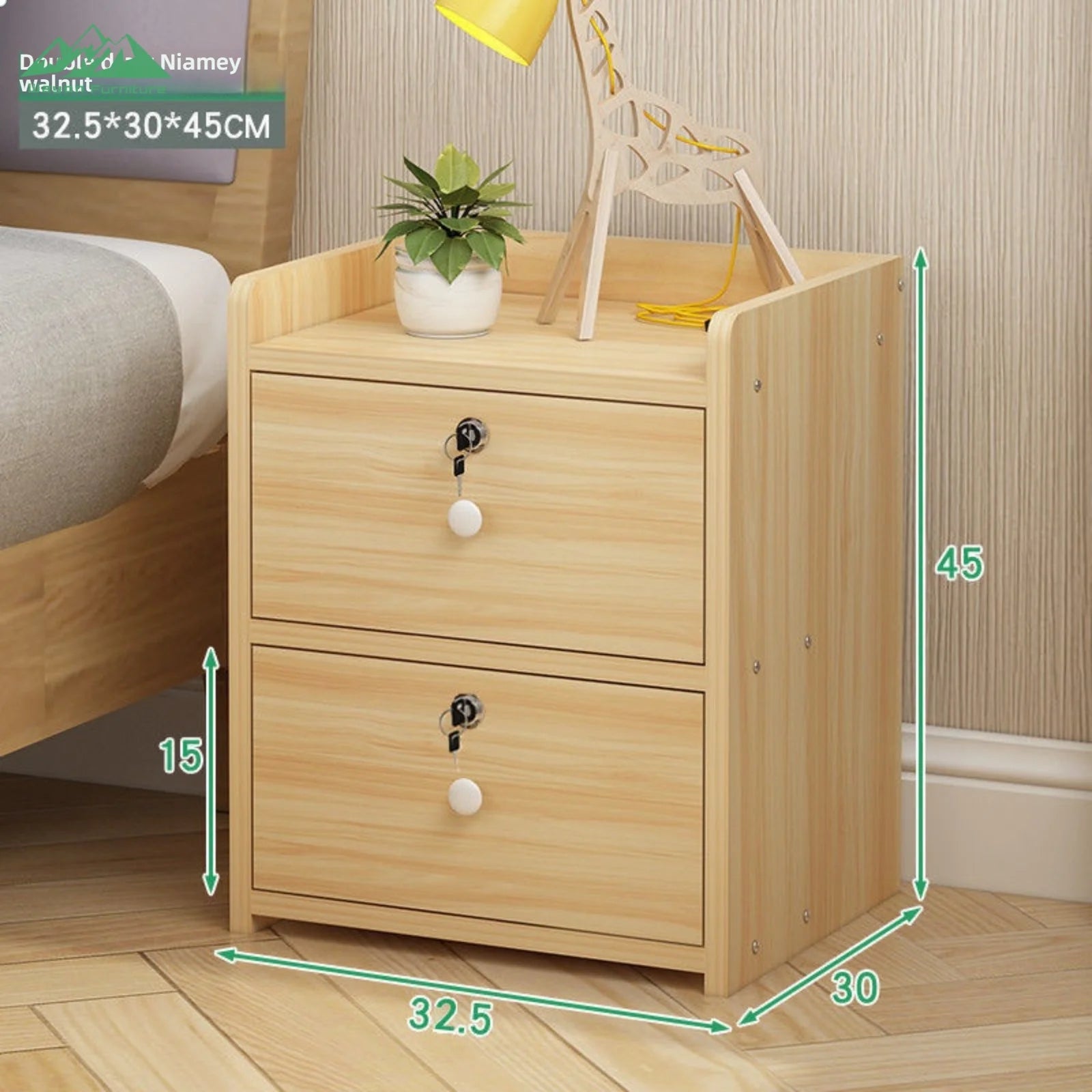Solid Wood Bedside Cabinet With Lockable Drawers — Natural Light Wood | KIMLUD