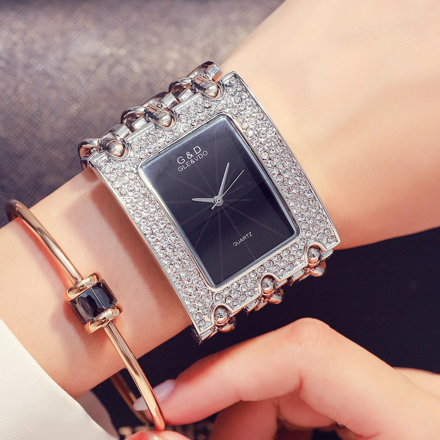 Bracelet Watch - Three Chain Rhinestone - Alloy Case - Golden | KIMLUD