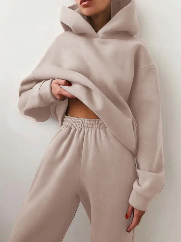 Fleece Hooded Tracksuit Two-Piece Set — Teal | KIMLUD