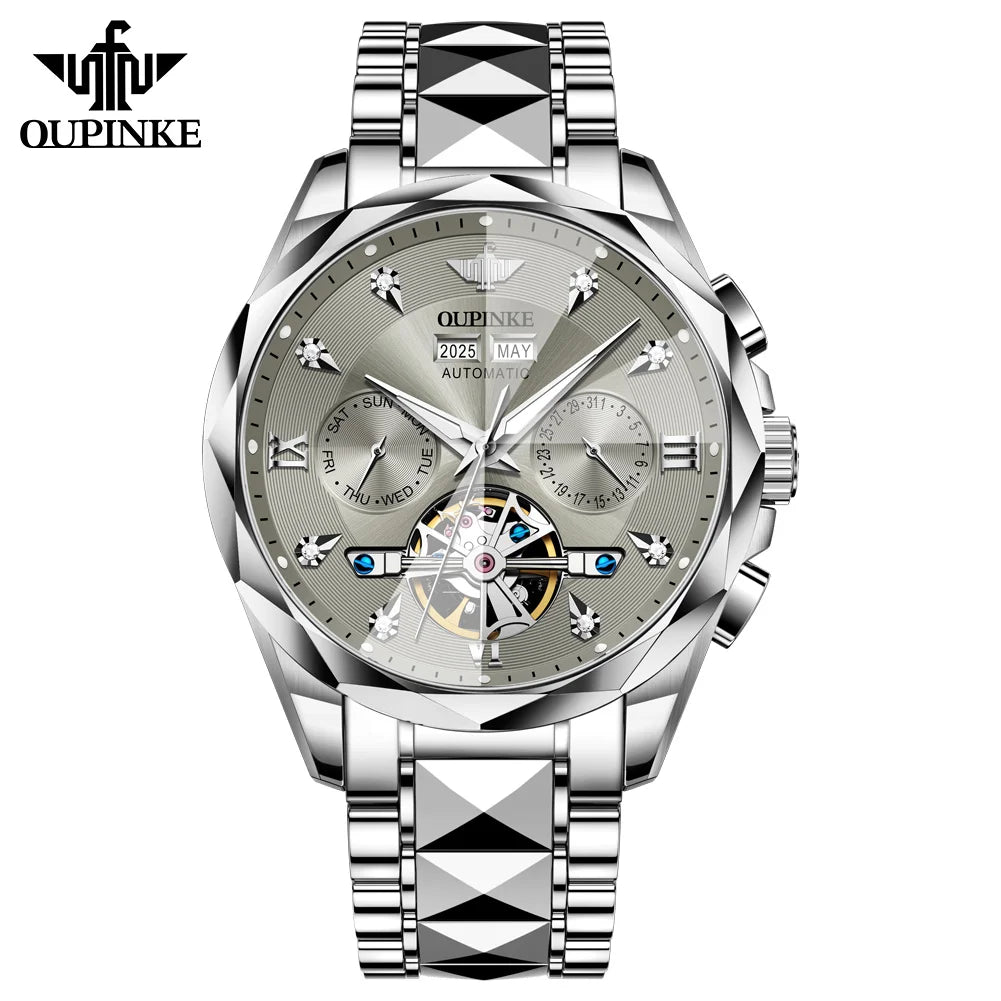 Oupinke 3316 Oem logo Hollow Design Business Tourbillon Waterproof Stainless Steel Luminous Automatic Mechanical Watch for Man