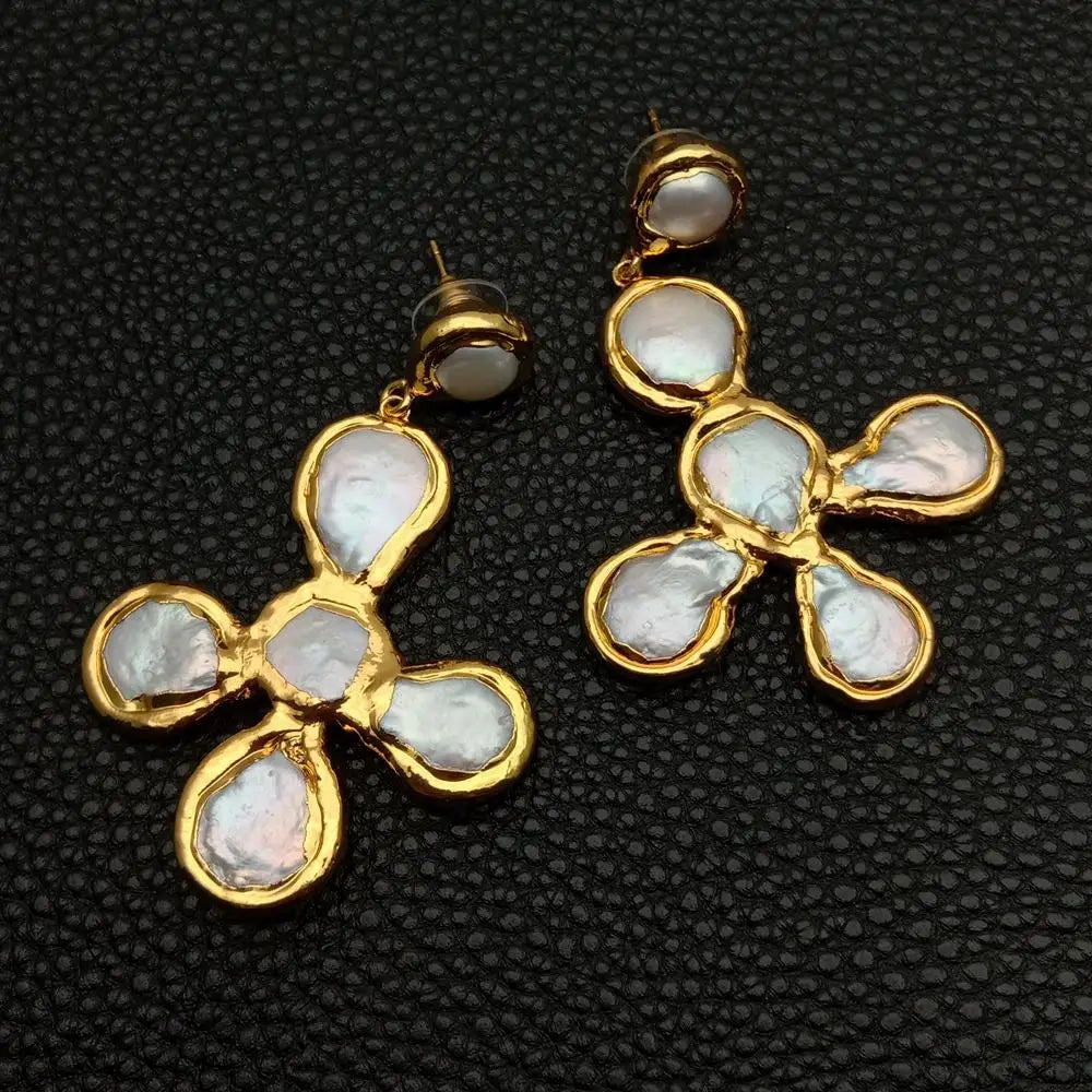 YYGEM Gold plated Cross shape Natural Freshwater Cultured White Coin Pearl Crucifix Drop Stud Earrings Fashion Jewelry For Gift