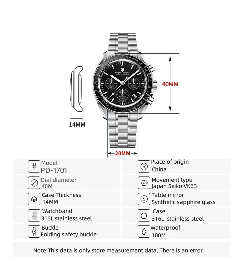 New Version PAGANI DESIGN 1701 Luxury Men Quartz Chronograph Wrist Watches VK63 Movement Stainless Steel Sport Waterproof Clock