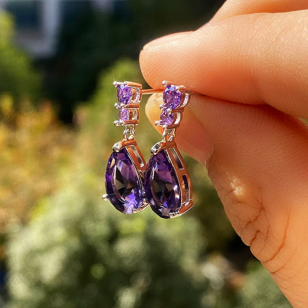 Drop Earrings – Water Drop – Cubic Zirconia White/Purple | KIMLUD