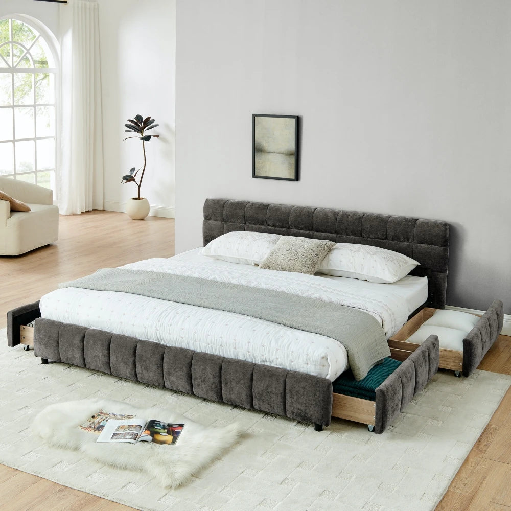 Modern Luxury Queen/King Size Upholstered Bed Frame Soft Chenille Fabric Bedroom Furniture with Wooden Structure
