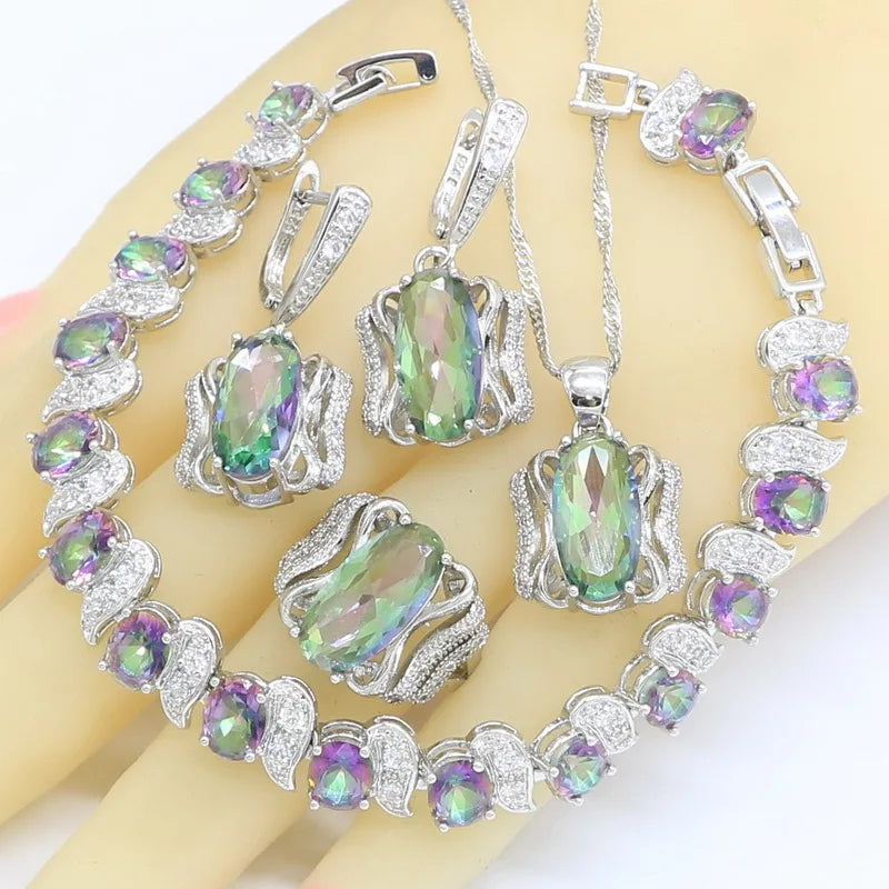 Silver Color Jewelry Sets for Women Rainbow Multi Color Topaz Bracelet Earrings Rings Necklace Pendant Gift Box