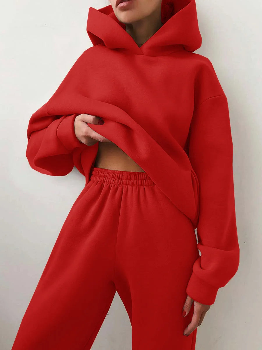 Fleece Hooded Tracksuit Two-Piece Set — Teal | KIMLUD
