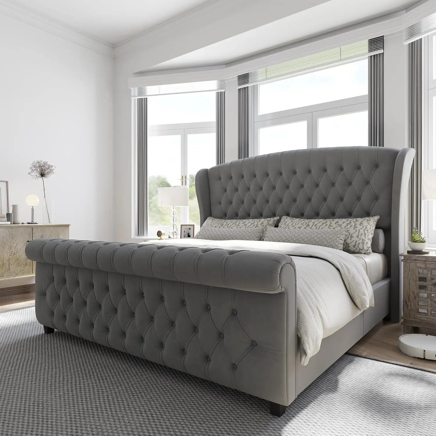 Velvet Upholstered Tufted Sleigh Bed — Gray | KIMLUD