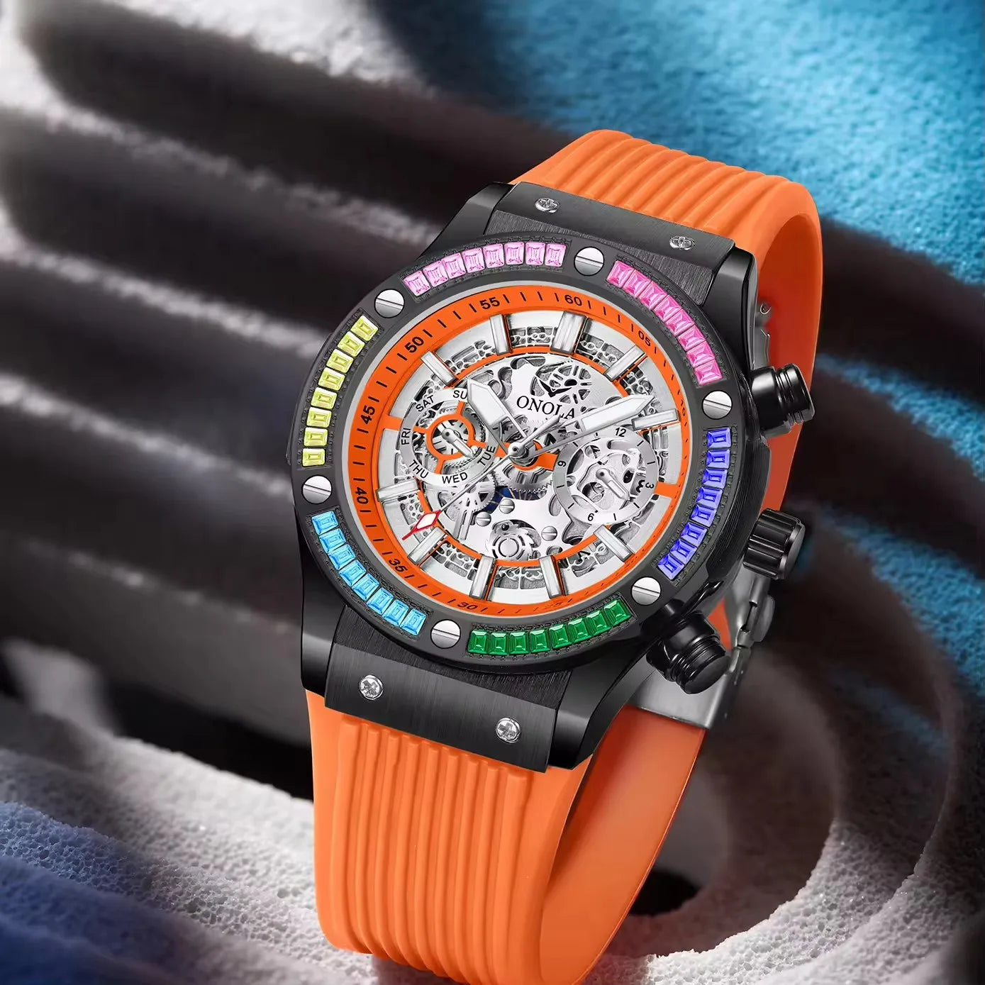 Silicone Luminous Sport Watch Mechanical Movement Chronograph Day Date — Bright Orange | KIMLUD