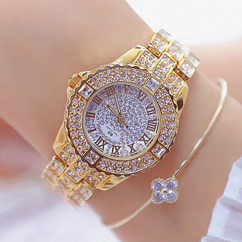 Stainless Steel Diamond Rhinestone Watch — Gold | KIMLUD