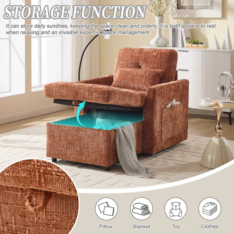 Chenille Sofa Recliner With Storage — Terracotta Orange | KIMLUD