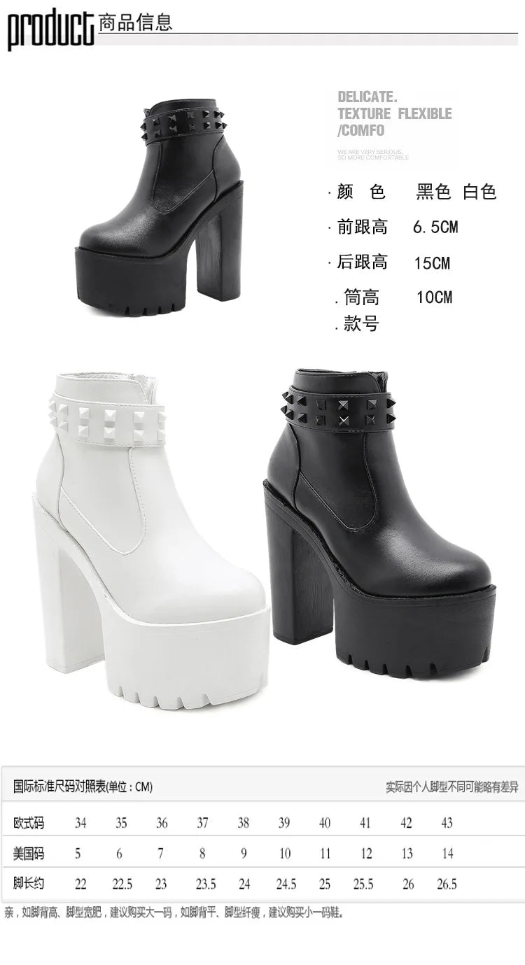 Gothic Black Ankle Boots For Women Plus High Heel Female Shoes Lace-Up Nigh Club Black Sexy Rivets Short Bootsrd5