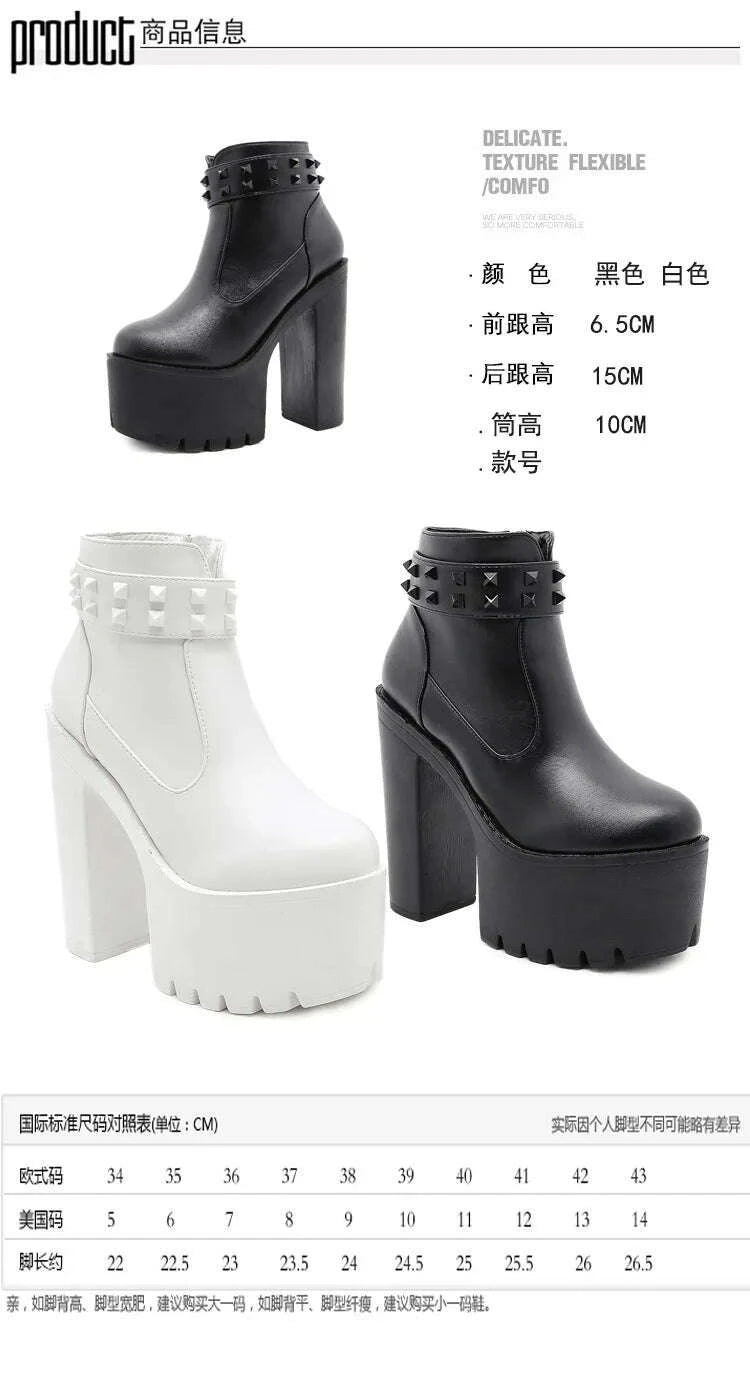 KIMLUD, Gothic Black Ankle Boots For Women Plus High Heel Female Shoes Lace-Up Nigh Club Black Sexy Rivets Short Bootsrd5, KIMLUD Womens Clothes