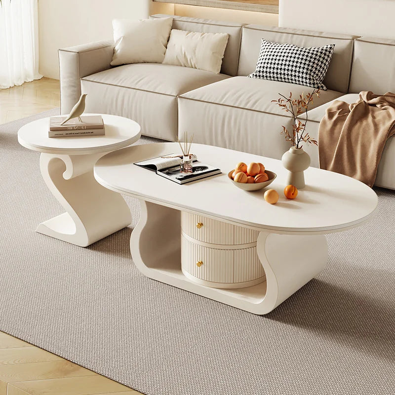 Oval Coffee Table With Integrated Lighting And Sculptural Twin-Curve Metal Base — White | KIMLUD
