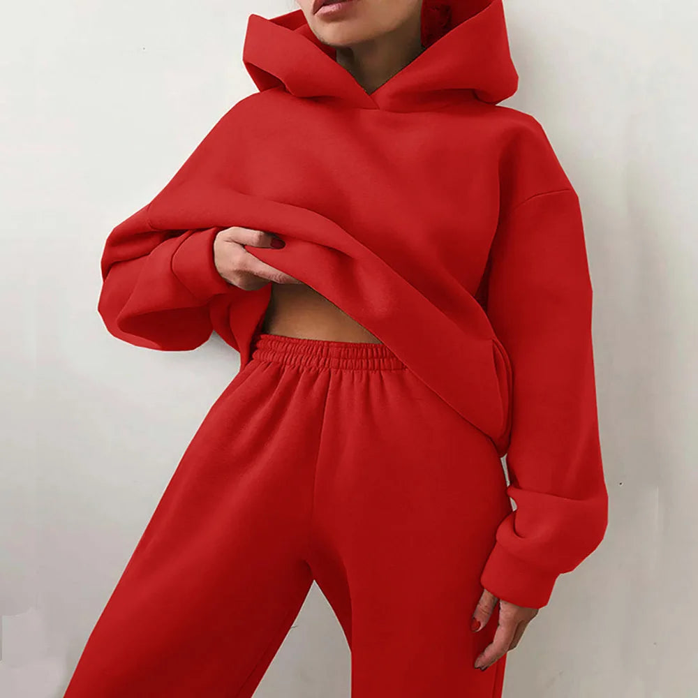Fleece Hooded Two-Piece Set Cozy Winter Essential — Black | KIMLUD