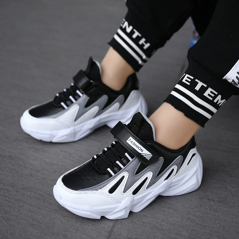 Leatherette Breathable Shoes Lightweight Runner For Kids — Black | KIMLUD