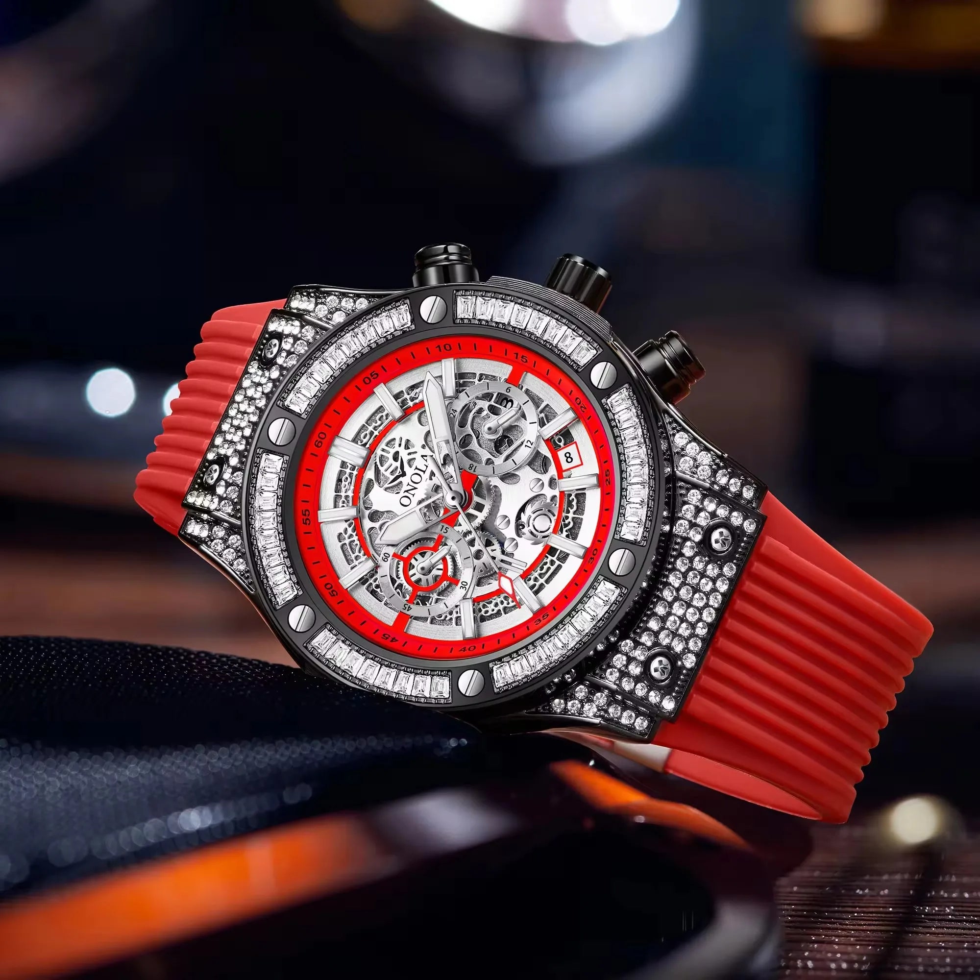 Silicone Strap Watch Quartz Round Dial 44mm Alloy Case 3ATM Luminous Hands — Red | KIMLUD