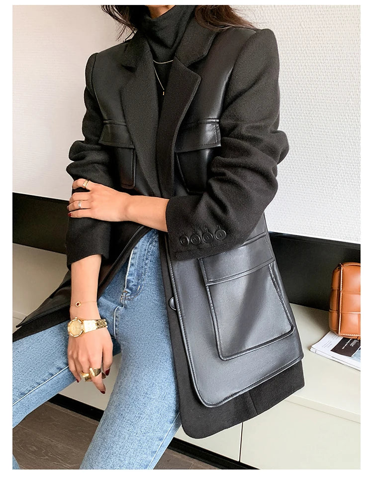 Patchwork Leather Jacket – Pockets – Faux Leather PU – Black | KIMLUD