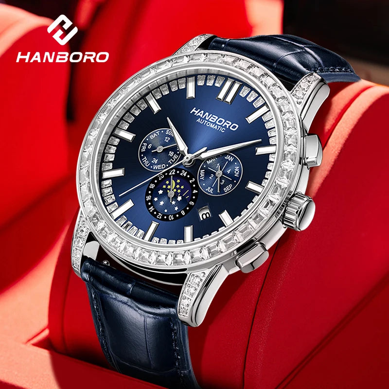 HANBORO Men's Fully Automatic Mechanical Watch Stainless Steel Case Glass Cow Leather Strap Waterproof Luminous Pointer Display
